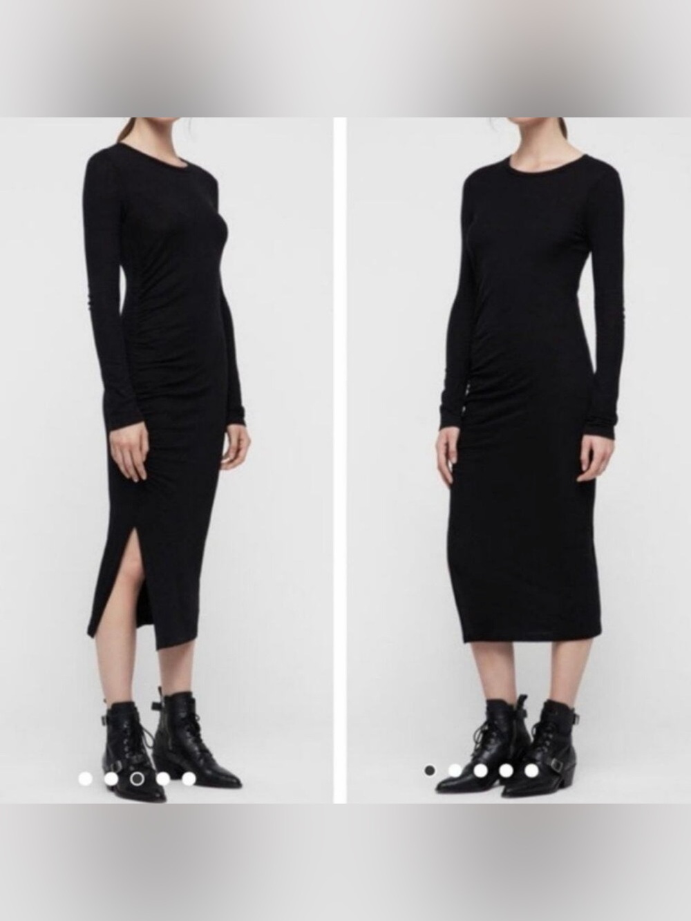 Allsaints Tina Midi Dress Long Sleeve Ruched Black Size XS NEW